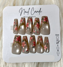 Load image into Gallery viewer, Semi-Handmade Long Champagne &amp; Pink Flower Nails
