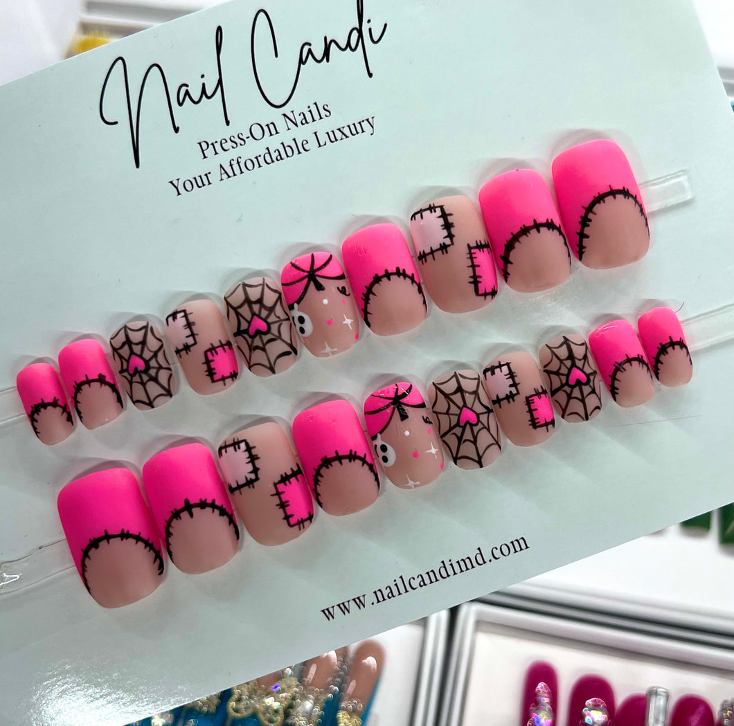 Handmade Matte Pink French Halloween Nails