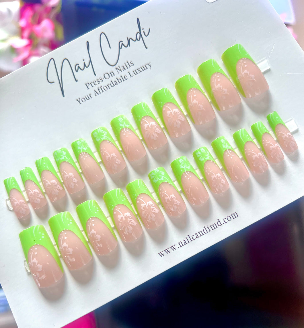 Limelight | Medium Neon Green Flower Nails