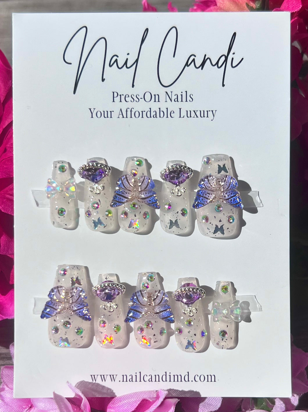 Handmade | Long Frost White Purple Butterfly Nails