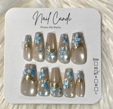 Load image into Gallery viewer, Semi-Handmade Long Champagne &amp; Blue Flower Nails

