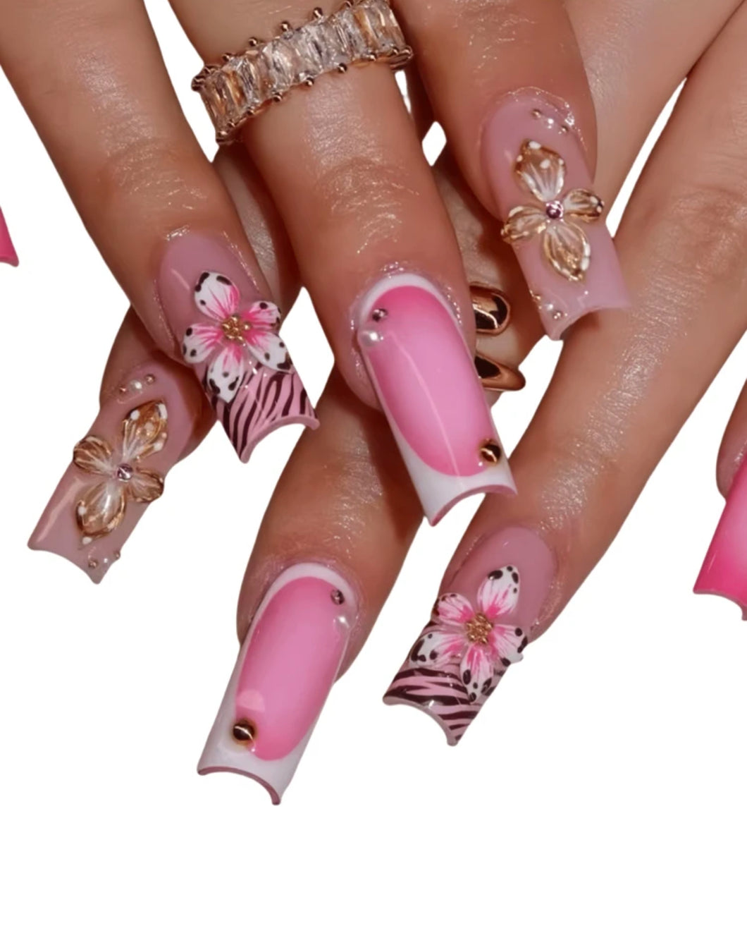 Caroline | Medium Pink Ombre Floral Nails