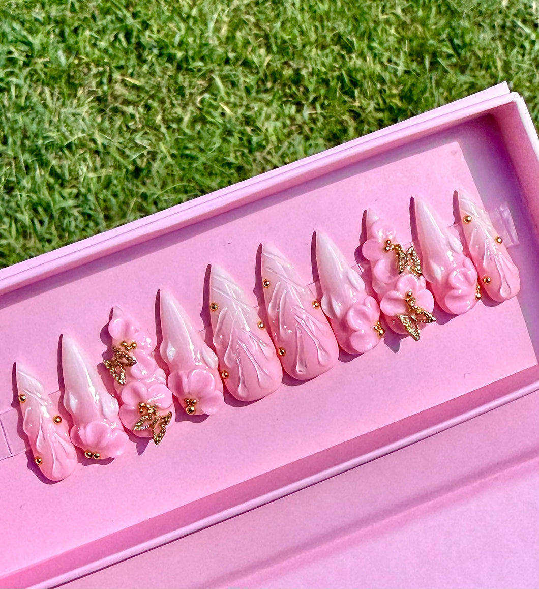 Handmade Long Light Pink Stiletto 3D Flower Nails