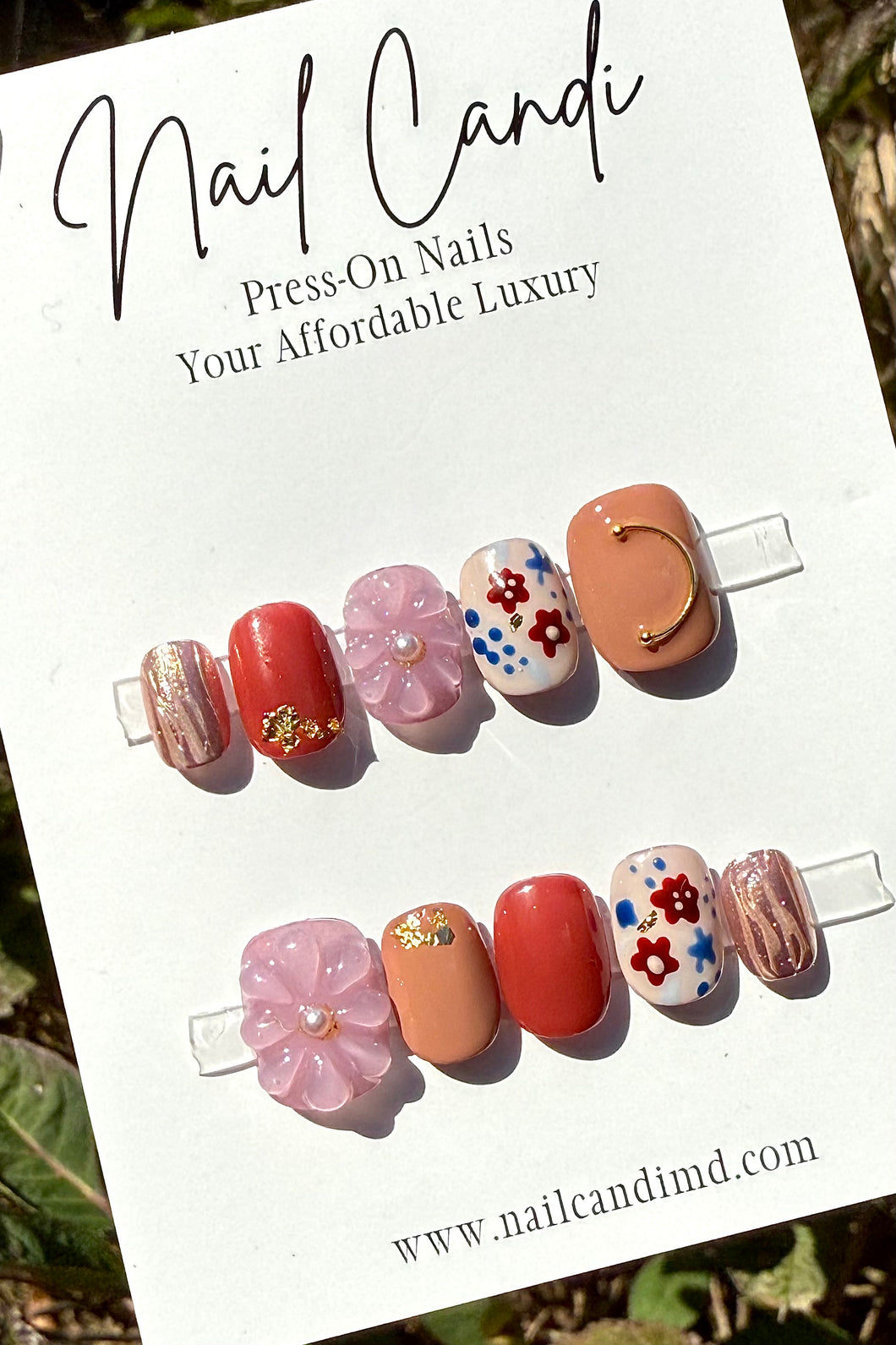 Handmade Short Rounded Square Floral 3D Nails