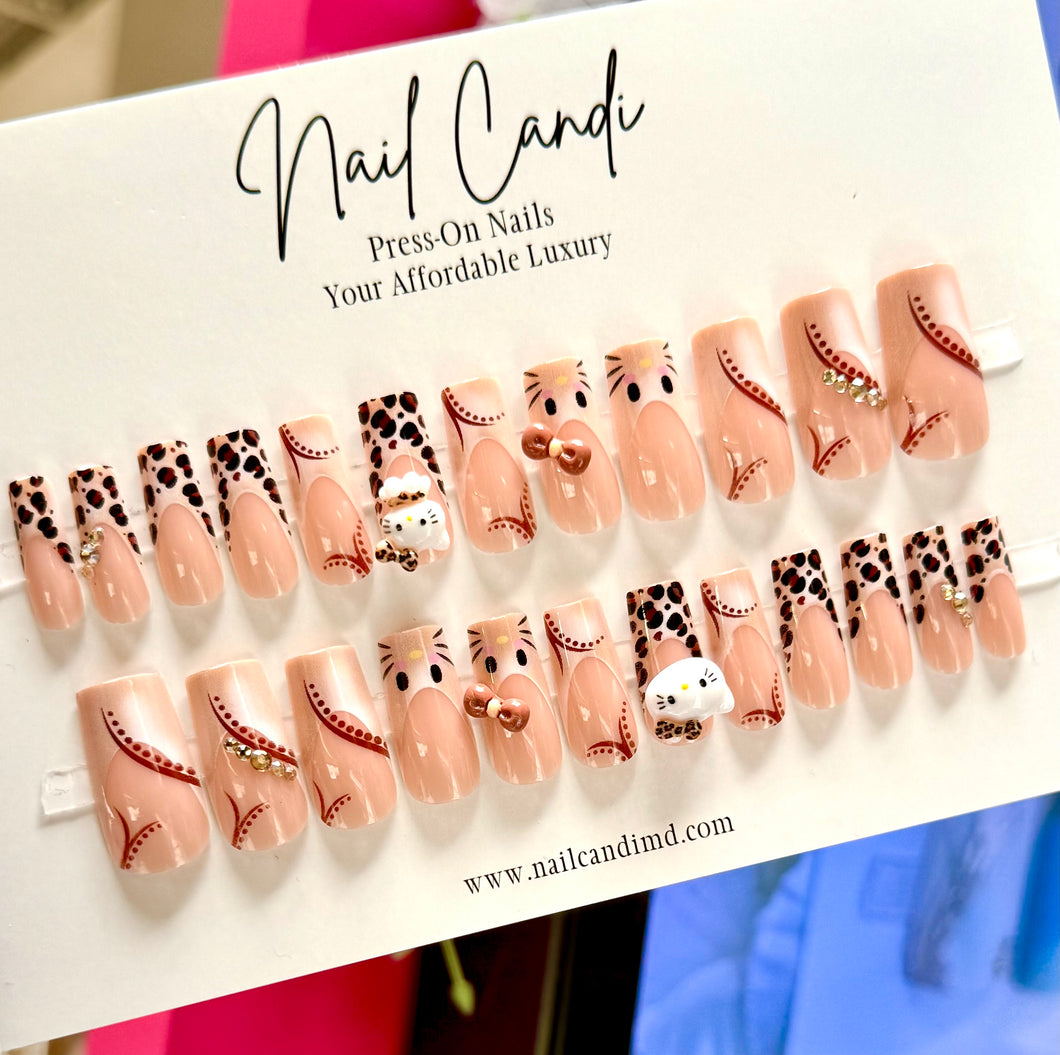 Morena Kitty | Medium Square Brown Hello Kitty Inspired Nails
