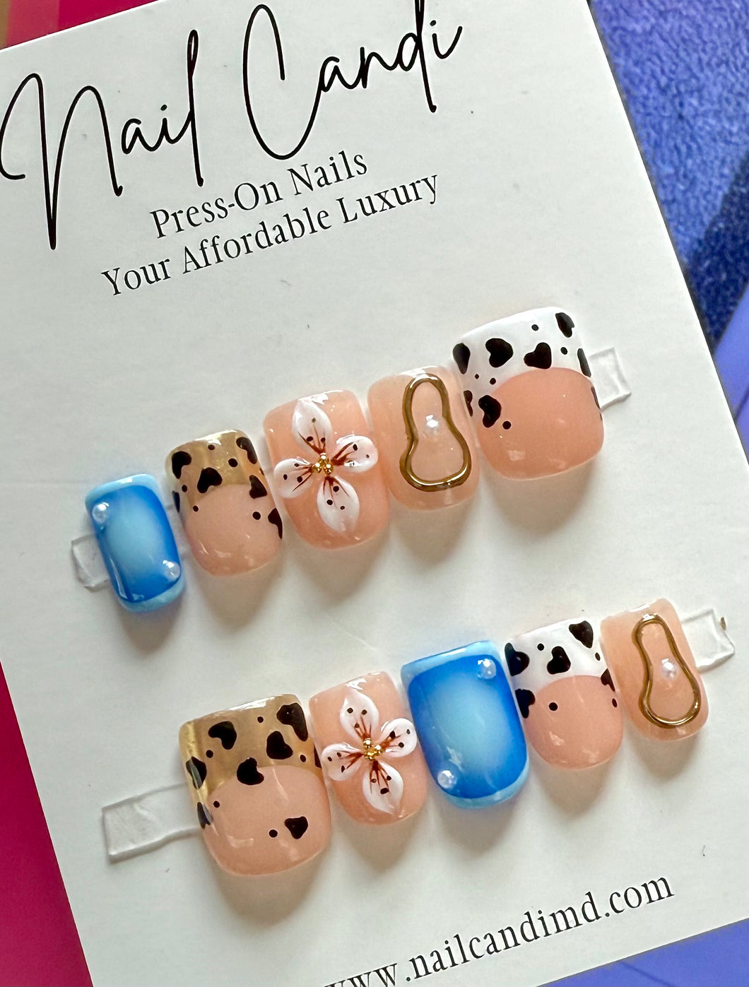 Handmade Blue White & Black Cow Print Nails