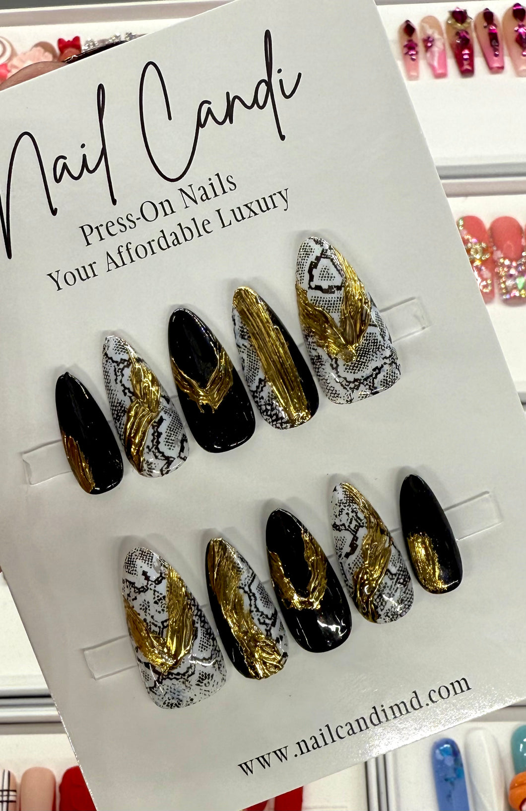 Handmade Black, White & Gold Snakeskin Nails