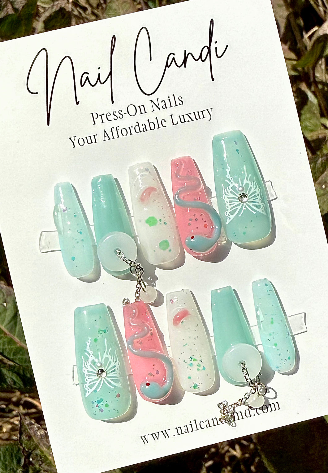 Handmade Long Coffin Blue & Pink Dangle Charm Nails