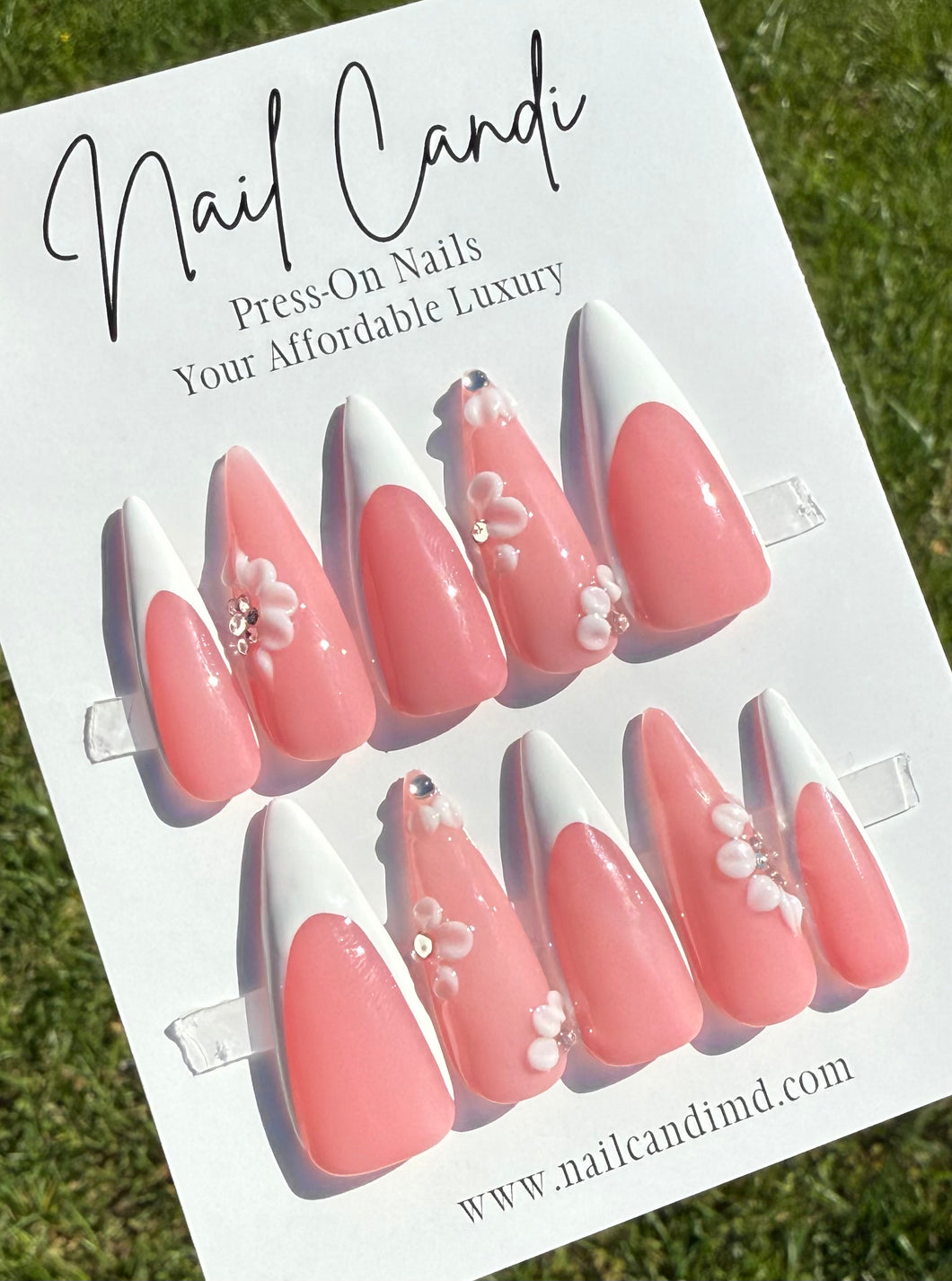 Handmade Stiletto French Sculpted Flower Nails