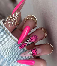 Load image into Gallery viewer, Pink Sugar | Long Glossy Hot Pink Black Silver Stiletto Nails
