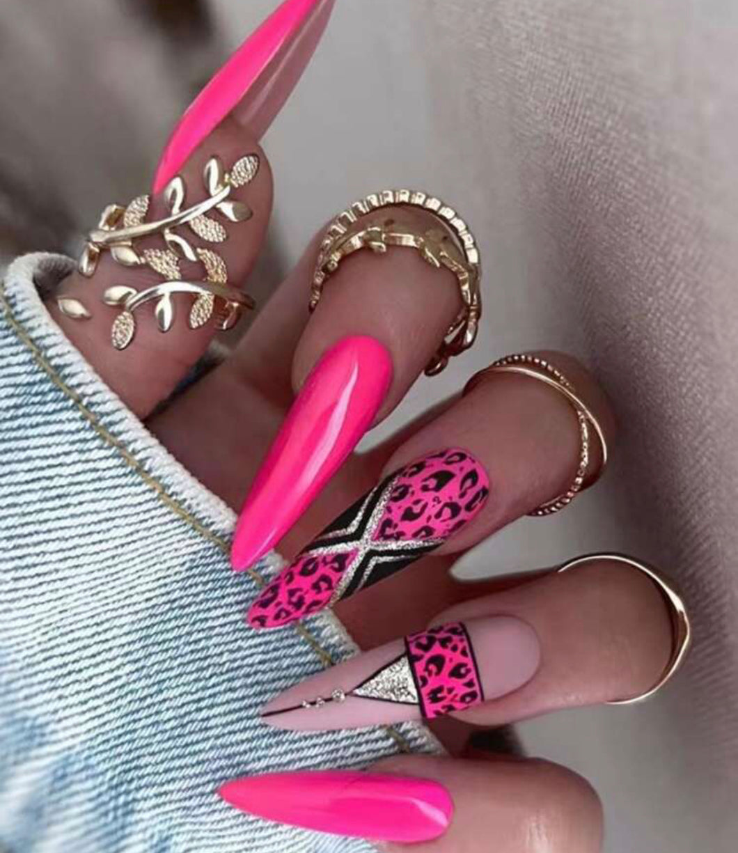 Pink Sugar | Long Glossy Hot Pink Black Silver Stiletto Nails