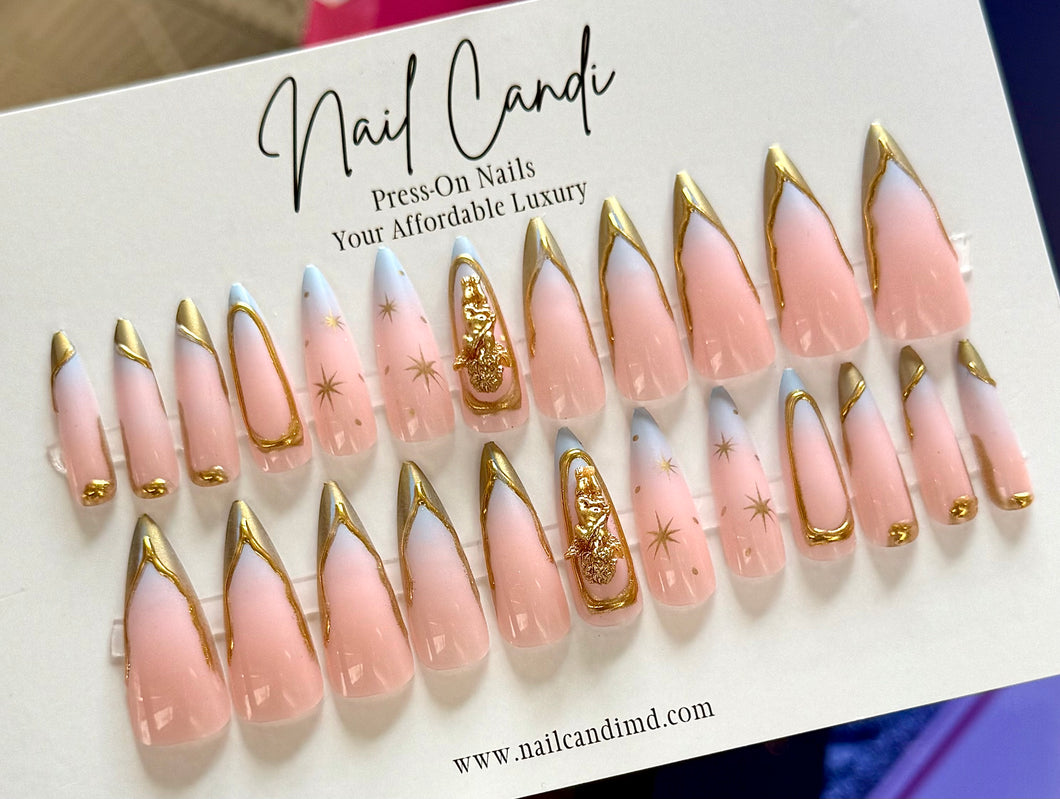 Celestial | Long Stiletto Powder Blue Gold Chrome Nails