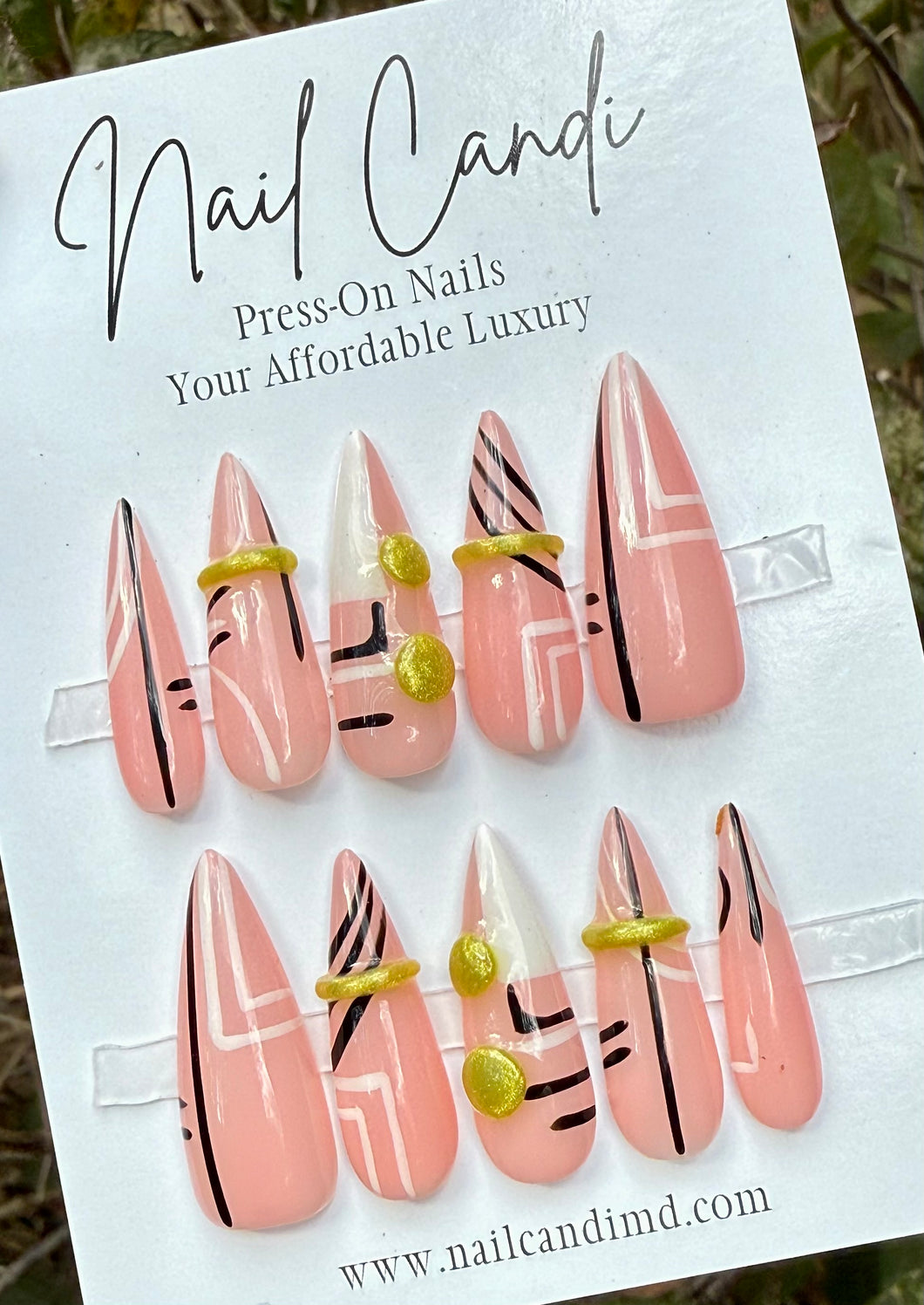 Handmade Long Stiletto Gold Bar Abstract Line Nails