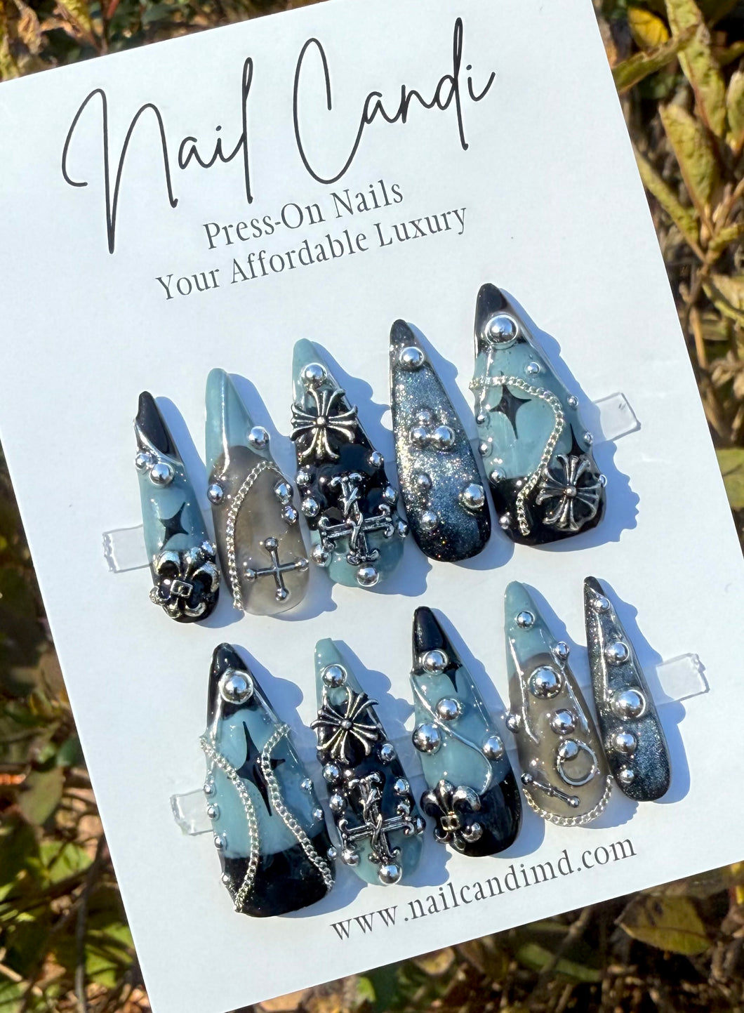 Handmade Long Stiletto Goth Y2K Silver Charm Nails