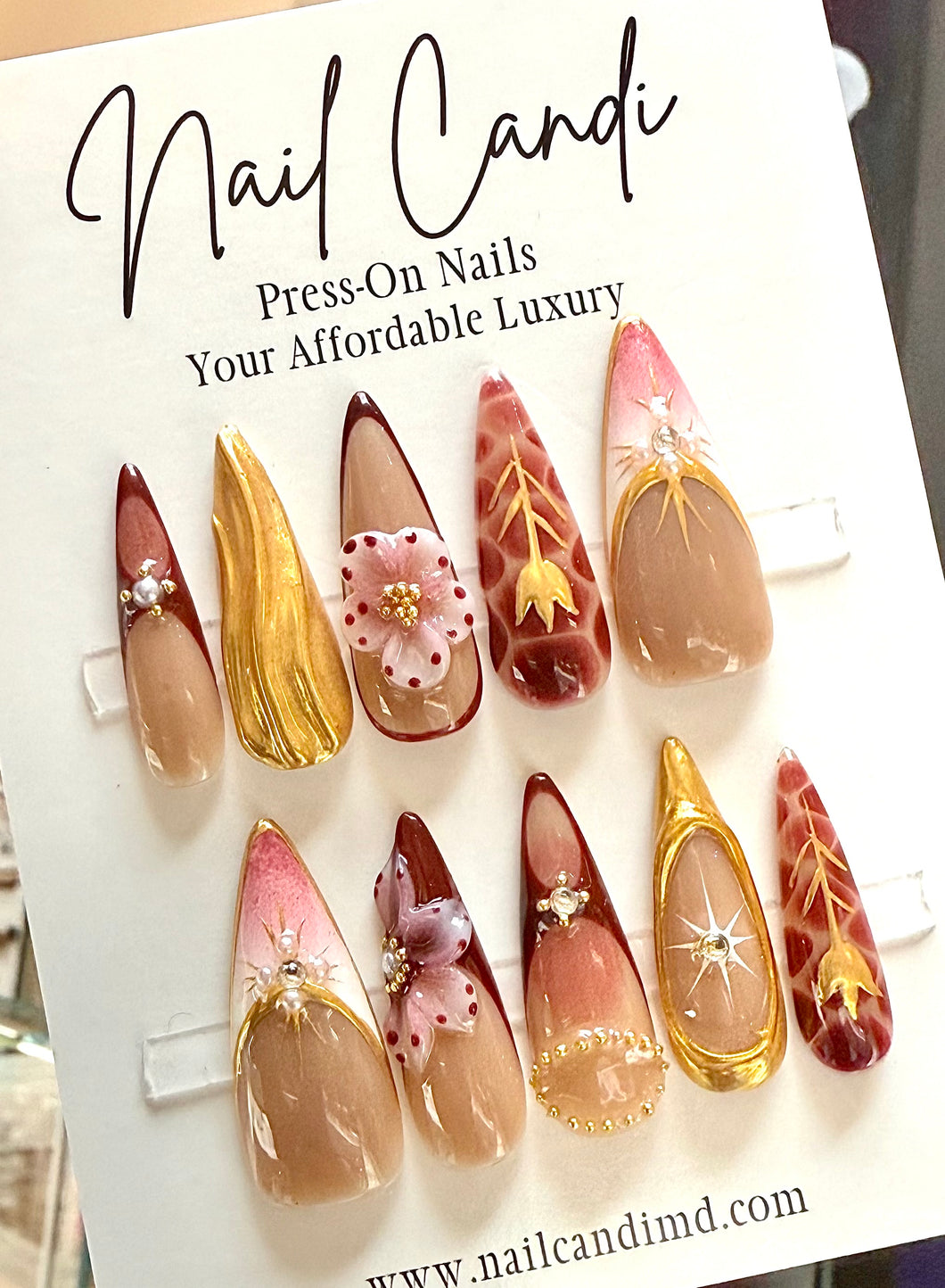 Handmade Long Stiletto Gold Embossed Nails