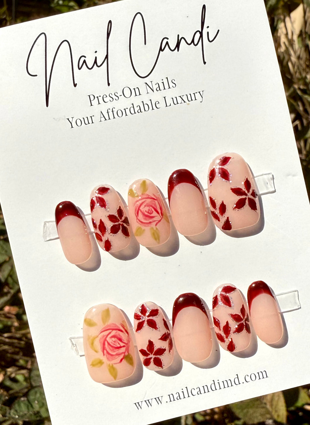 Handmade Medium Round Burgundy French Floral Nails