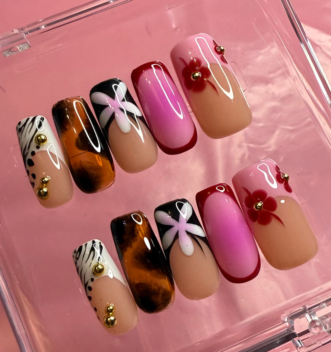 Handmade Pink French Tortie Accent Nails