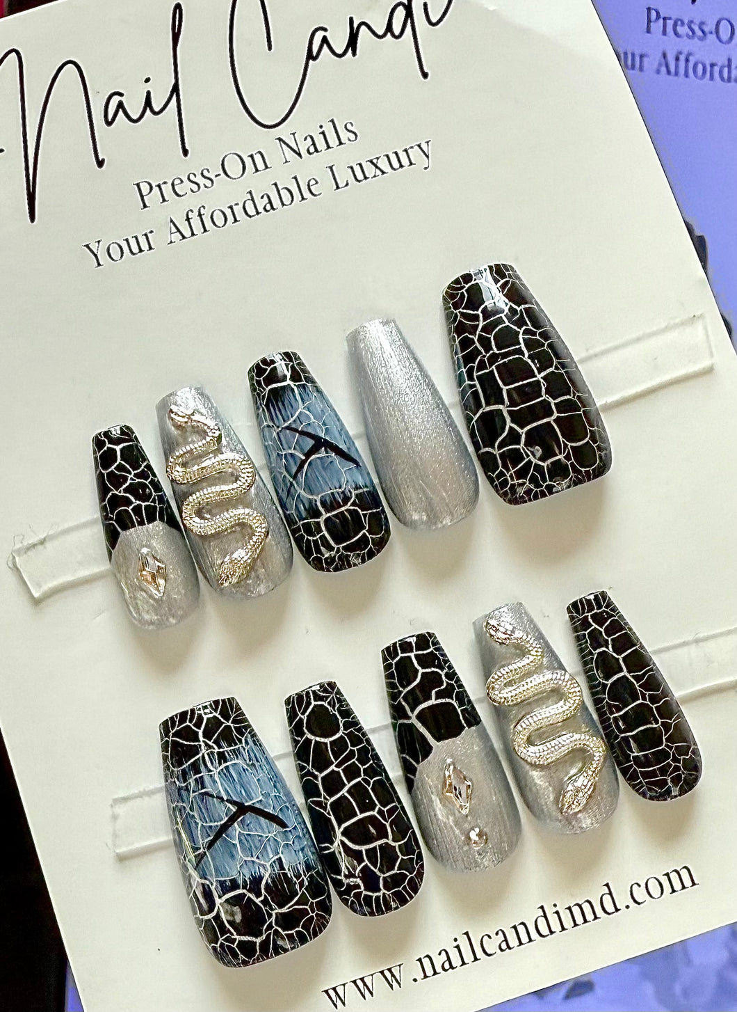 Handmade Blue Black & Silver Crackle Nails