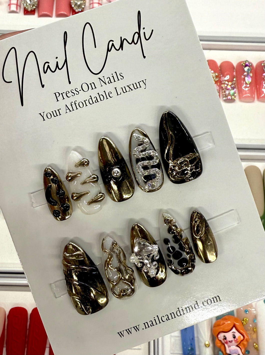 Handmade Almond Gold Chrome Snake Nails