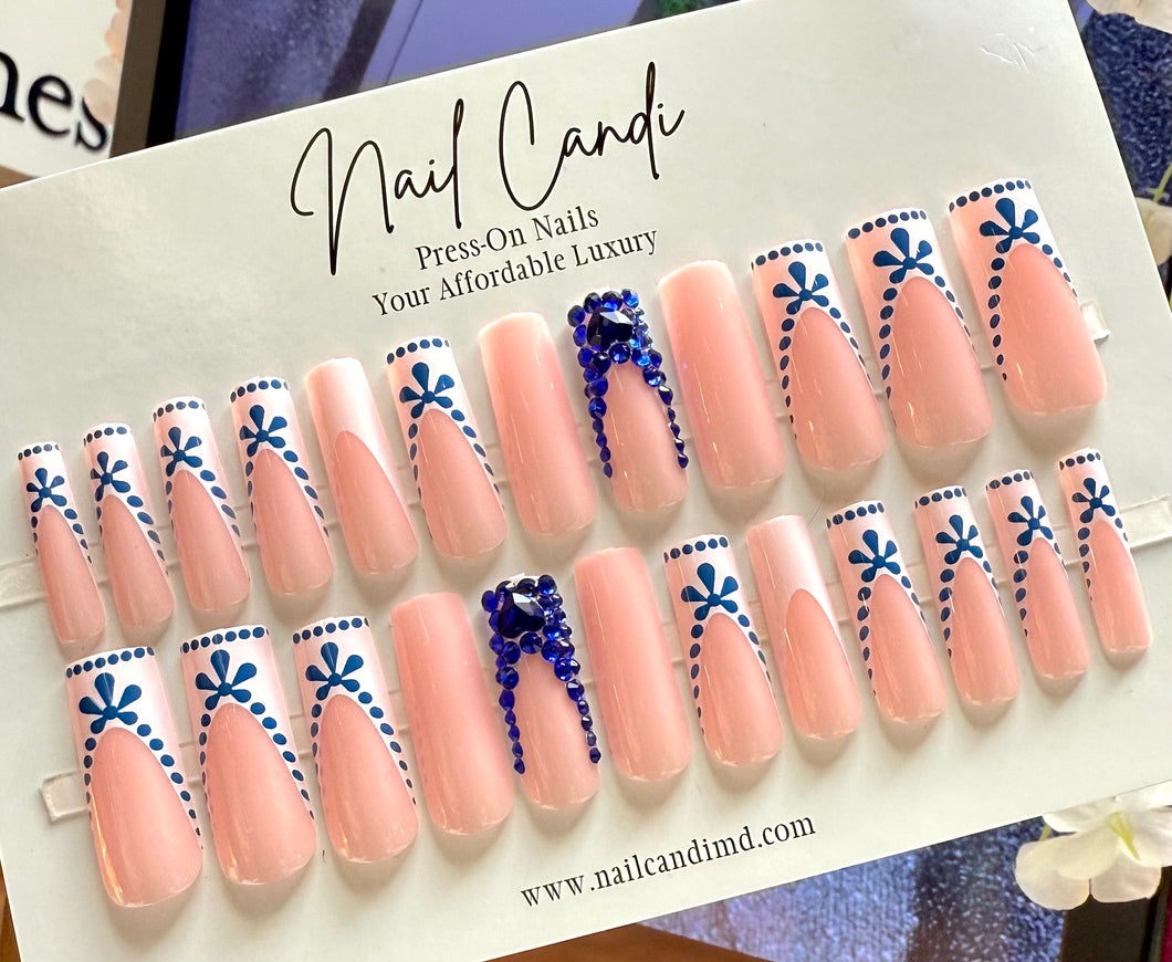 Royalty | Long Coffin Blue Crystal Nails
