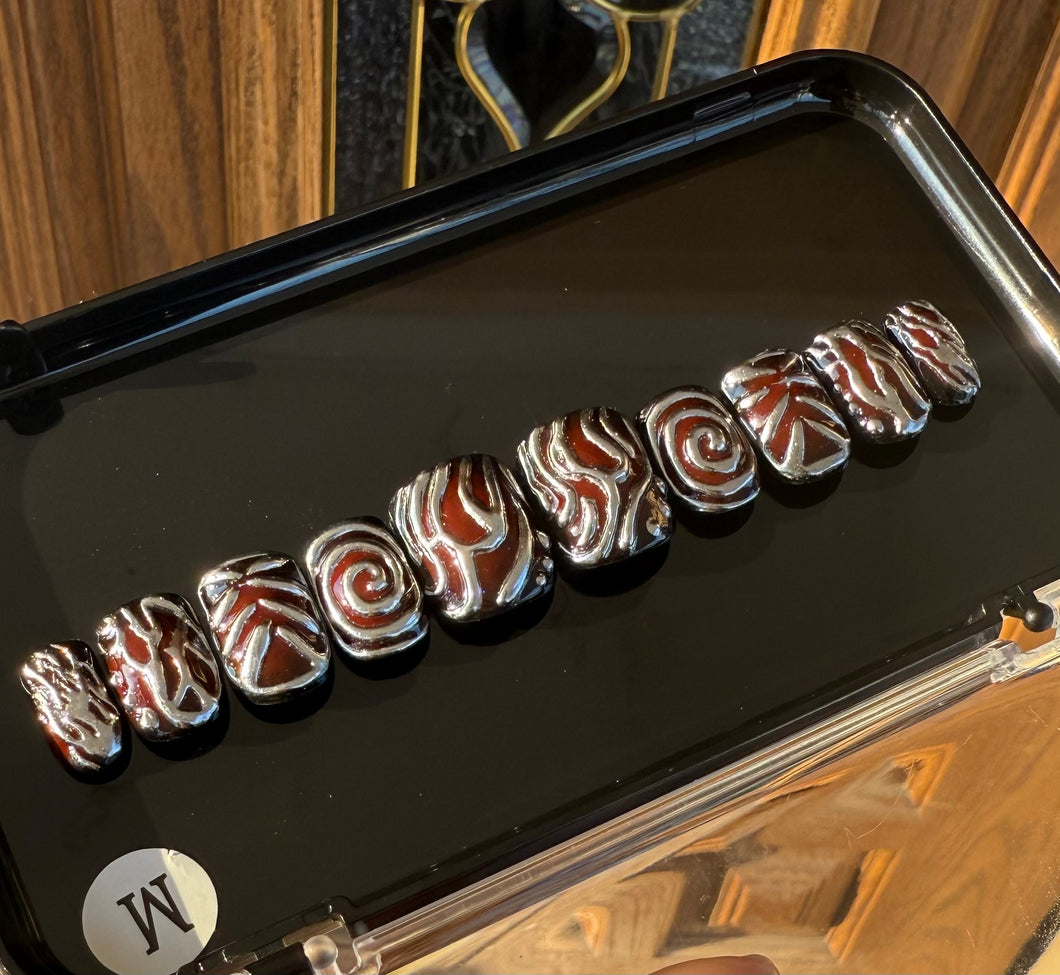 Handmade Short Burgundy Silver Swirl Nails