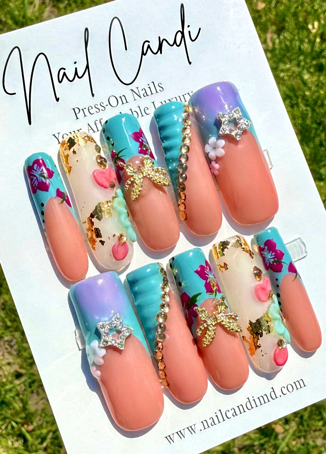 Handmade 2XL Purple & Teal Hibiscus Flower Nails