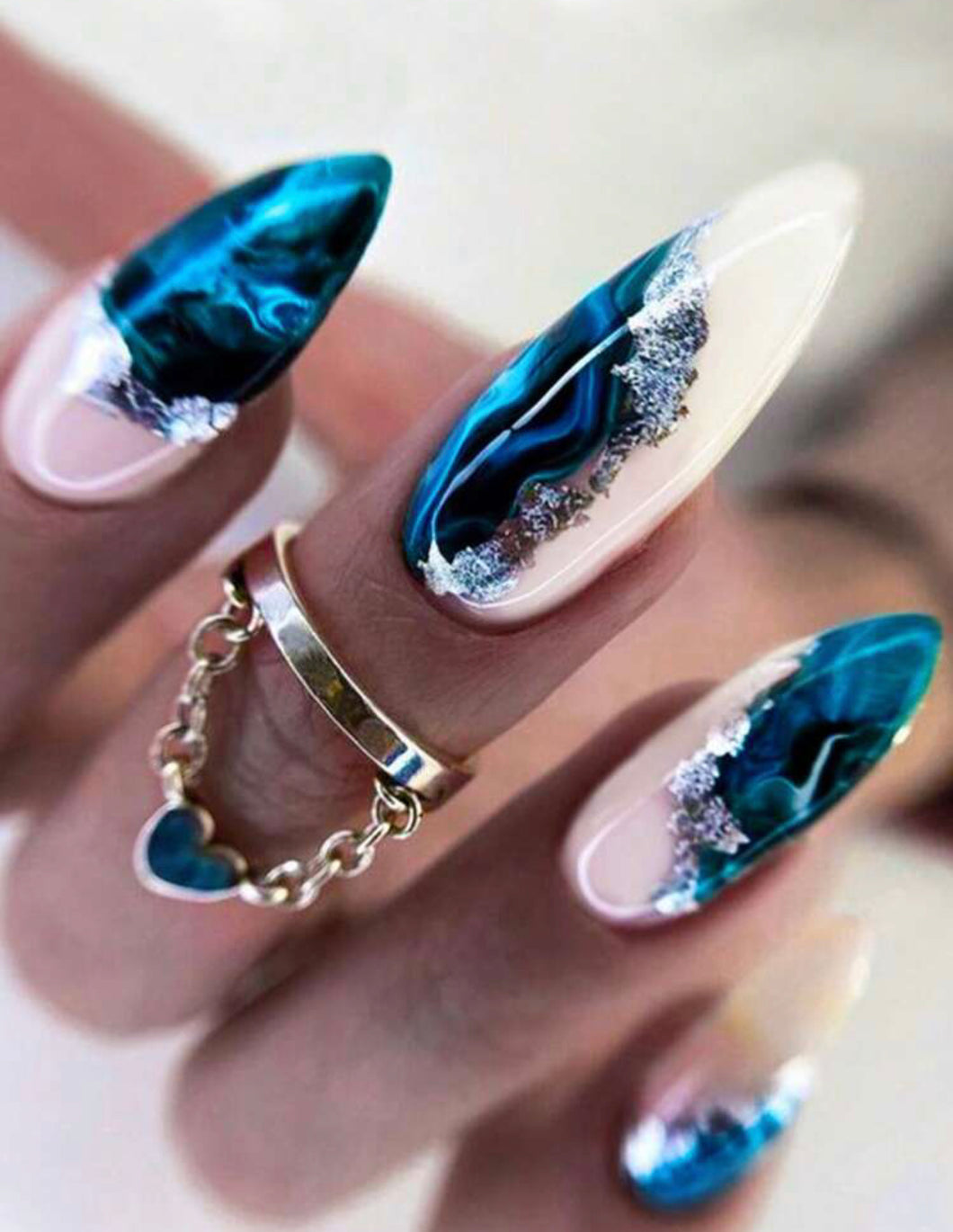 Winter | Medium Almond Frost White Blue Marble Nails