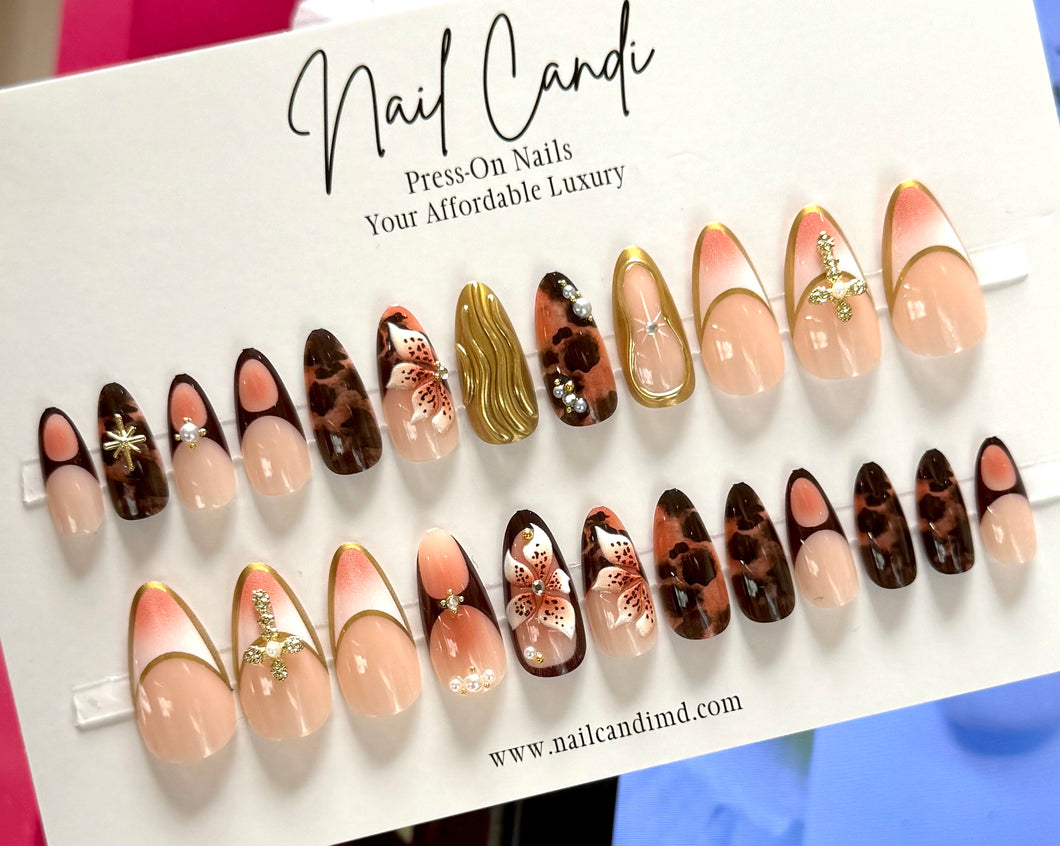 Isabella | Long Almond Gold Cross Chrome Accent Nails
