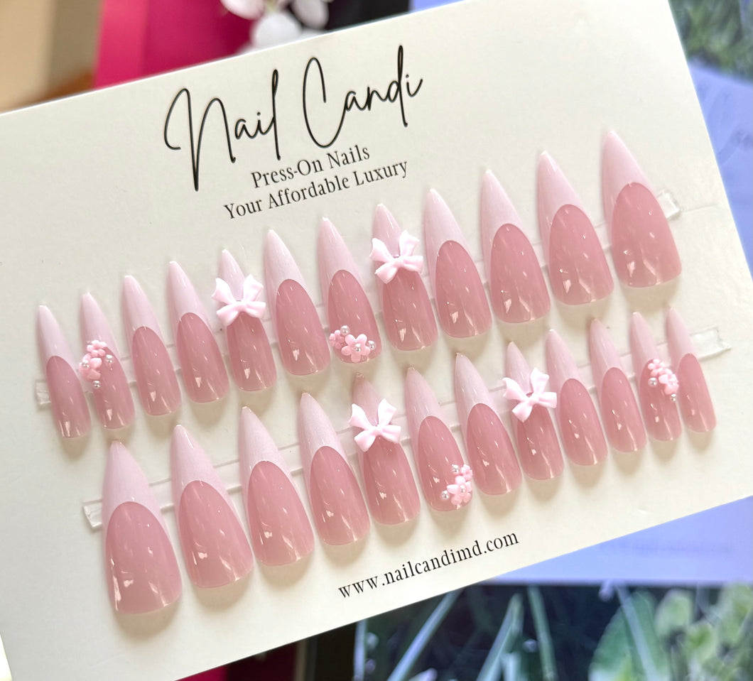 Coquette | Long Stiletto French Pink Bow & Flower Nails