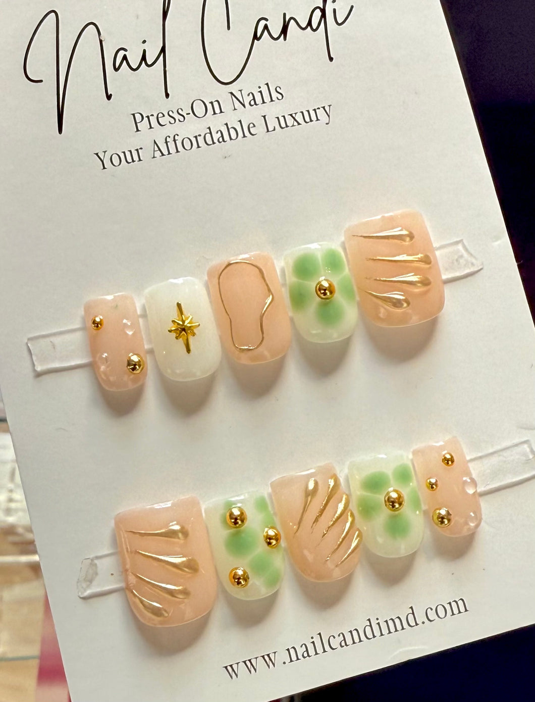 Handmade Extra Short Nude Mint & Gold Chrome Nails