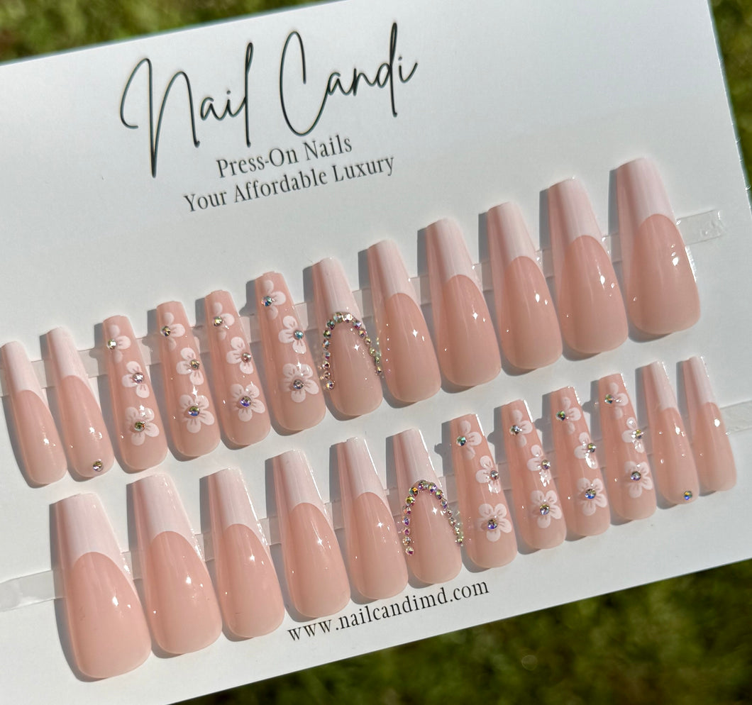 Monica | Long Coffin French Flower Accent Nails