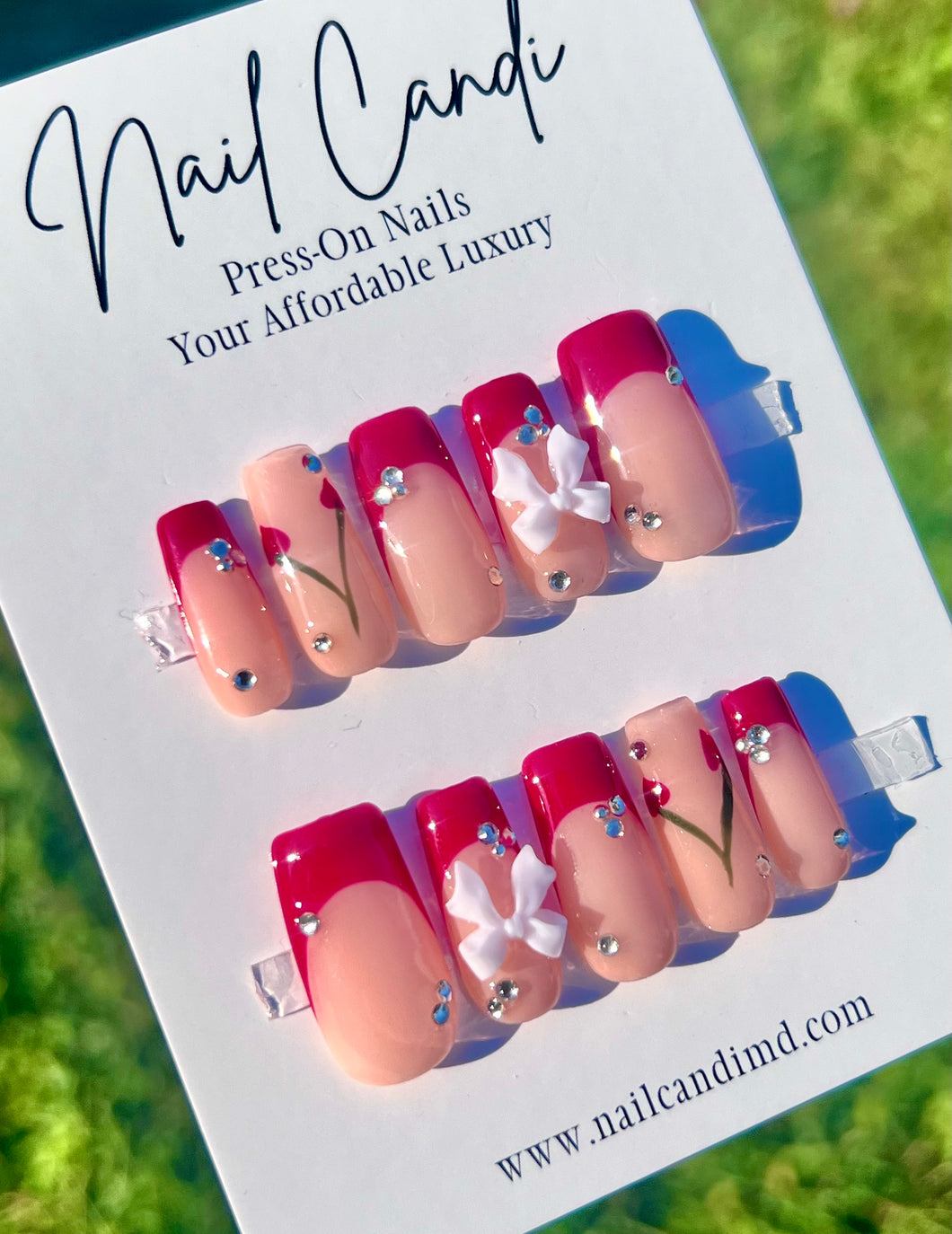 Handmade Medium Square Red French Gel Nails