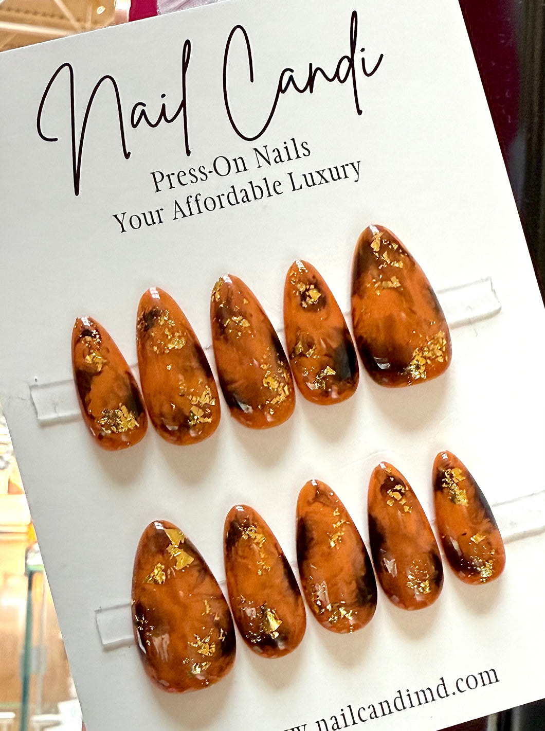 Handmade Almond Tortie & Gold Flake Nails