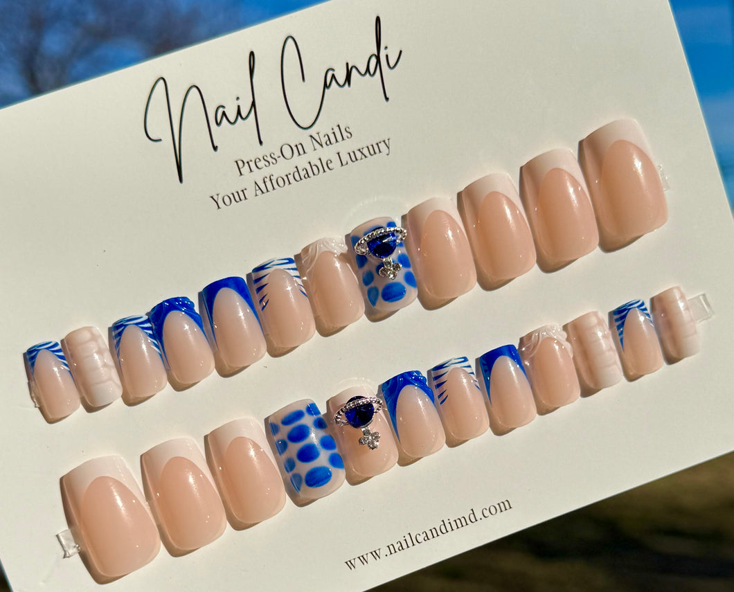 Zavia |Medium French w/ Blue Bloom & Charm Nails