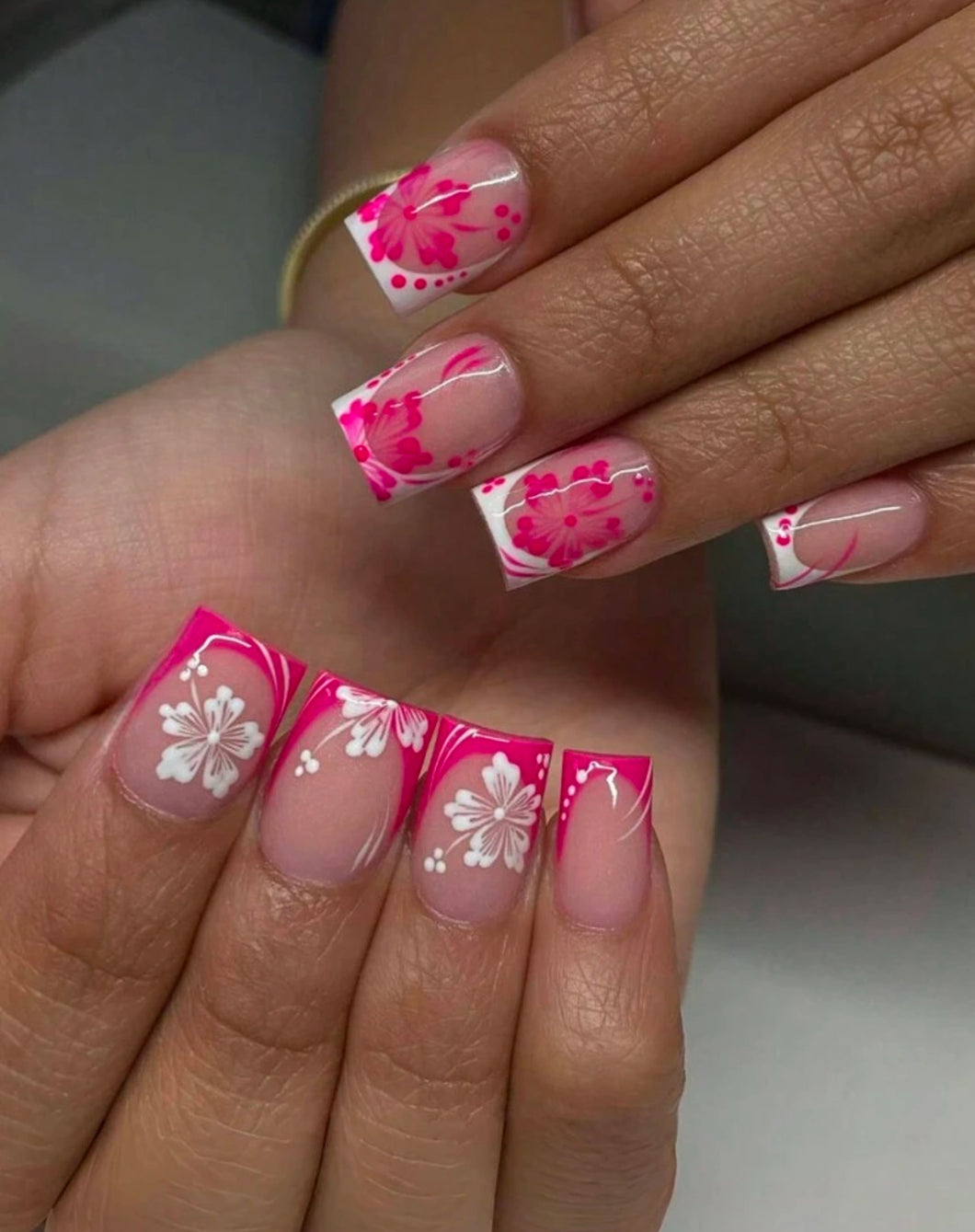 Roselyn | Medium Pink French Flower Nails