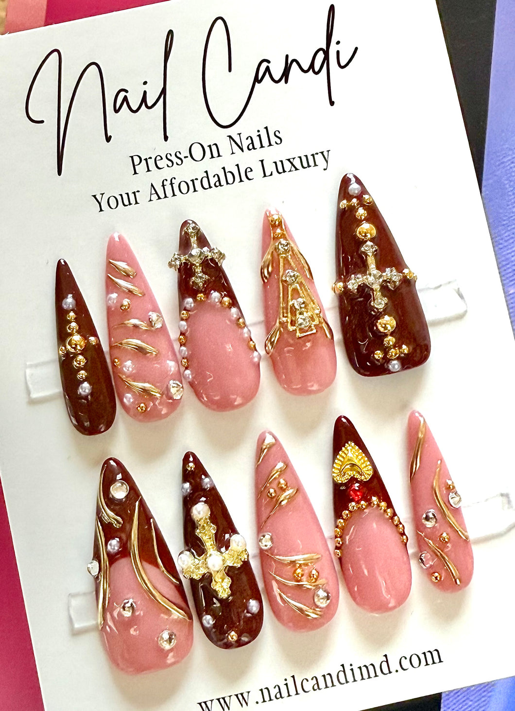 Handmade Long Stiletto Burgundy Cross Charm Nails
