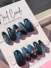 Load image into Gallery viewer, Handmade Gel Nails | Black &amp; Teal Medium Coffin Nails
