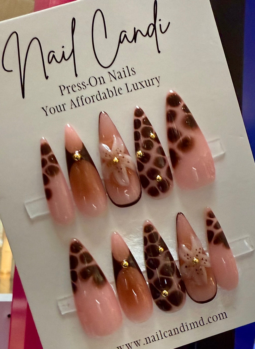 Handmade Long Stiletto Brown Blooming Flower Nails