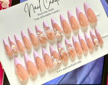 Load image into Gallery viewer, Shandy | Long Stiletto Purple French Flower Nails
