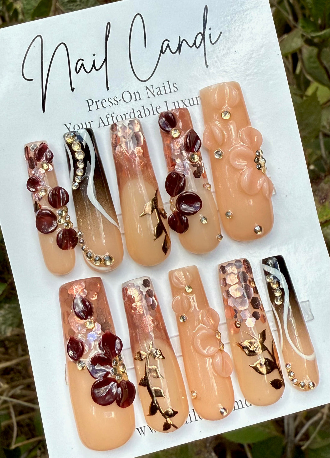 Handmade Extra Long Brown 3D Flower Nails