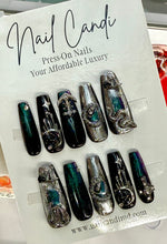 Load image into Gallery viewer, Handmade Long Coffin Silver Chrome Cateye Goth Nails
