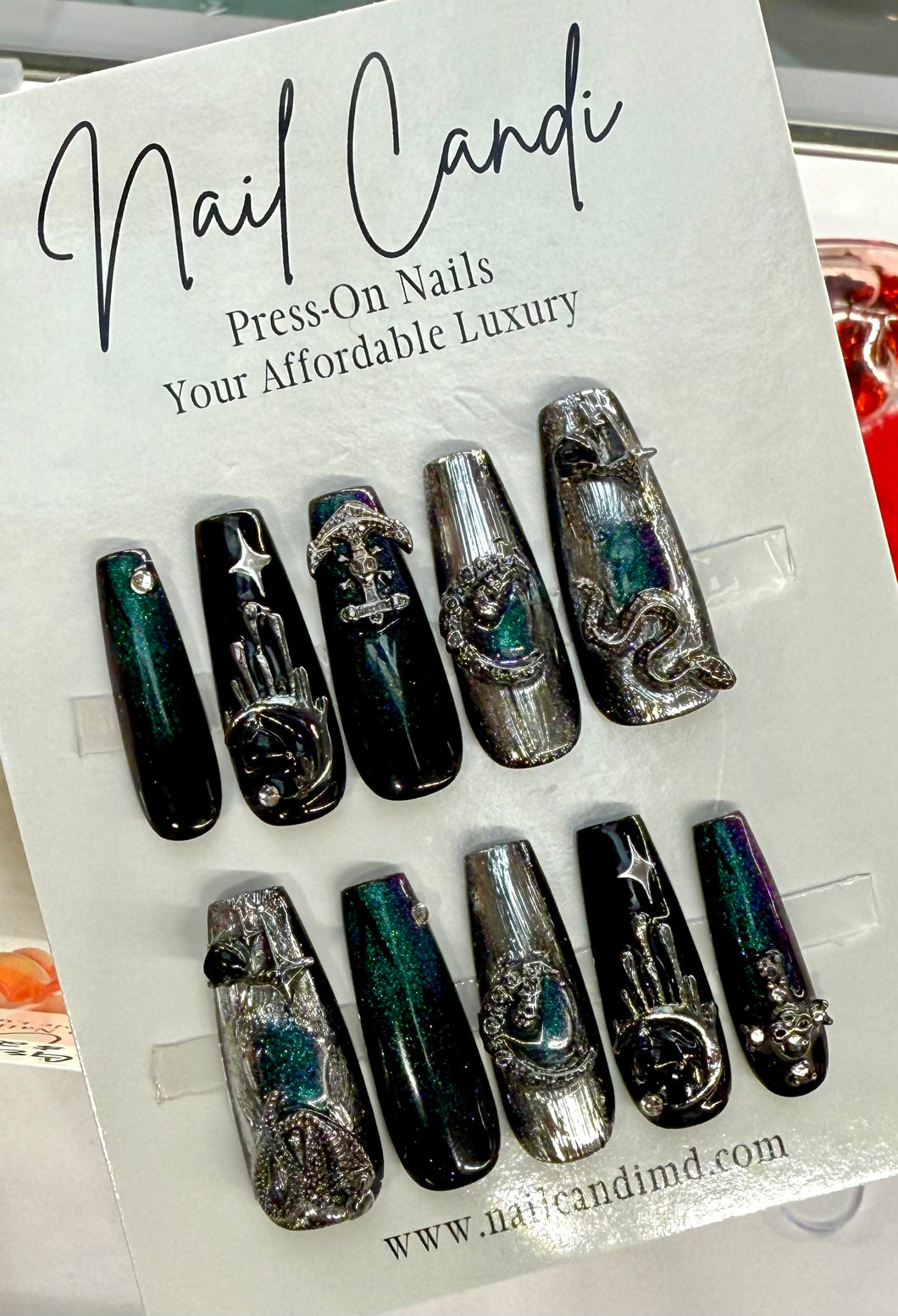 Handmade Long Coffin Silver Chrome Cateye Goth Nails