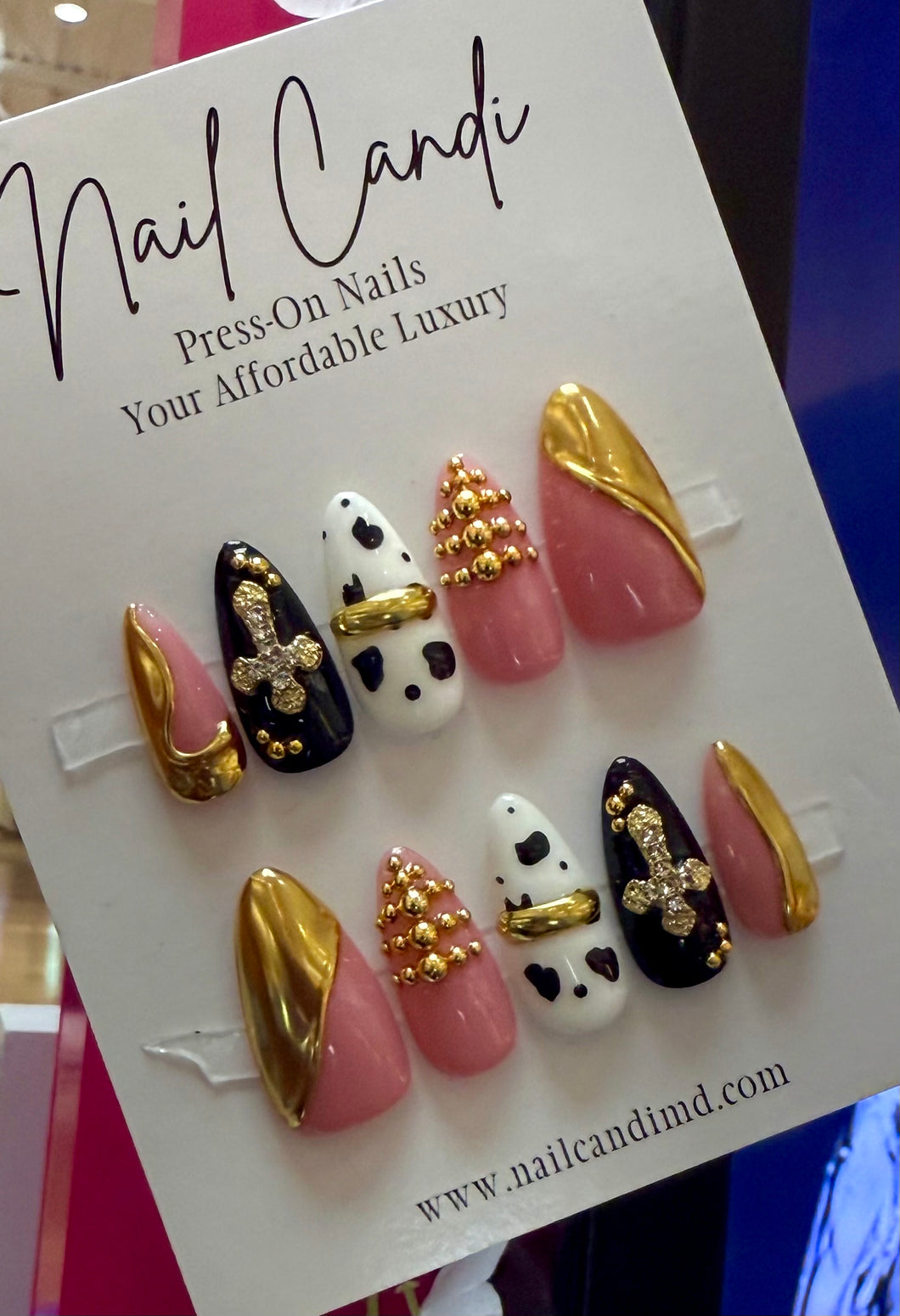 Handmade Medium Almond Gold Chrome & Stud Cross Nails