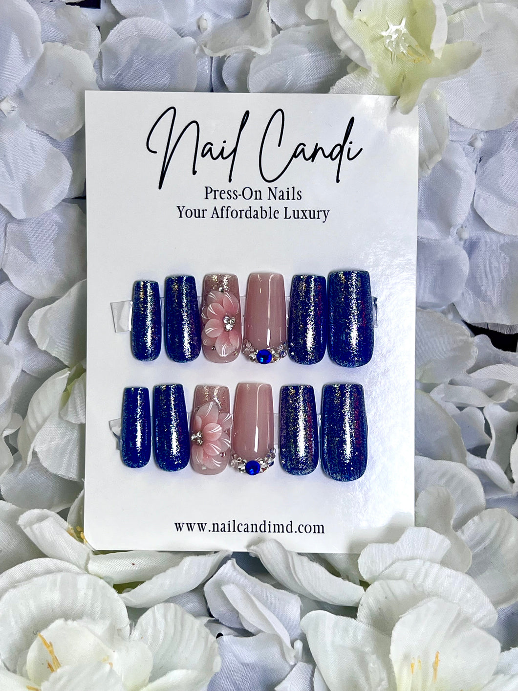 Handmade Long Square Blue Nude Flower Nails