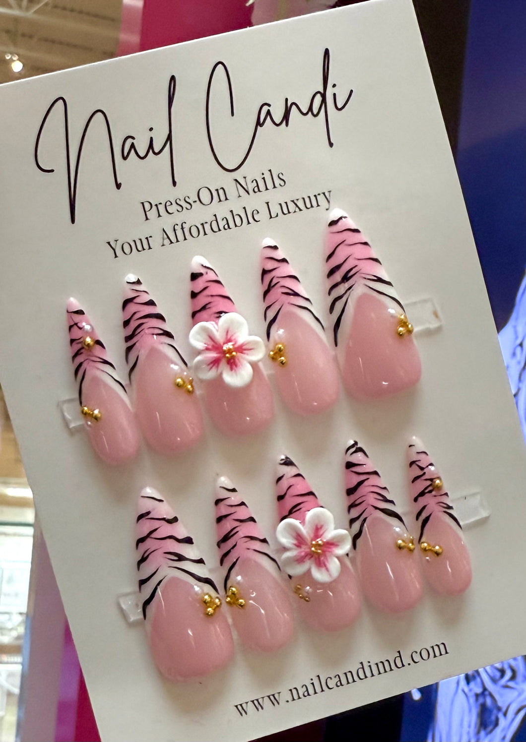 Handmade Long Stiletto 3D Flower & Gold Bead Nails