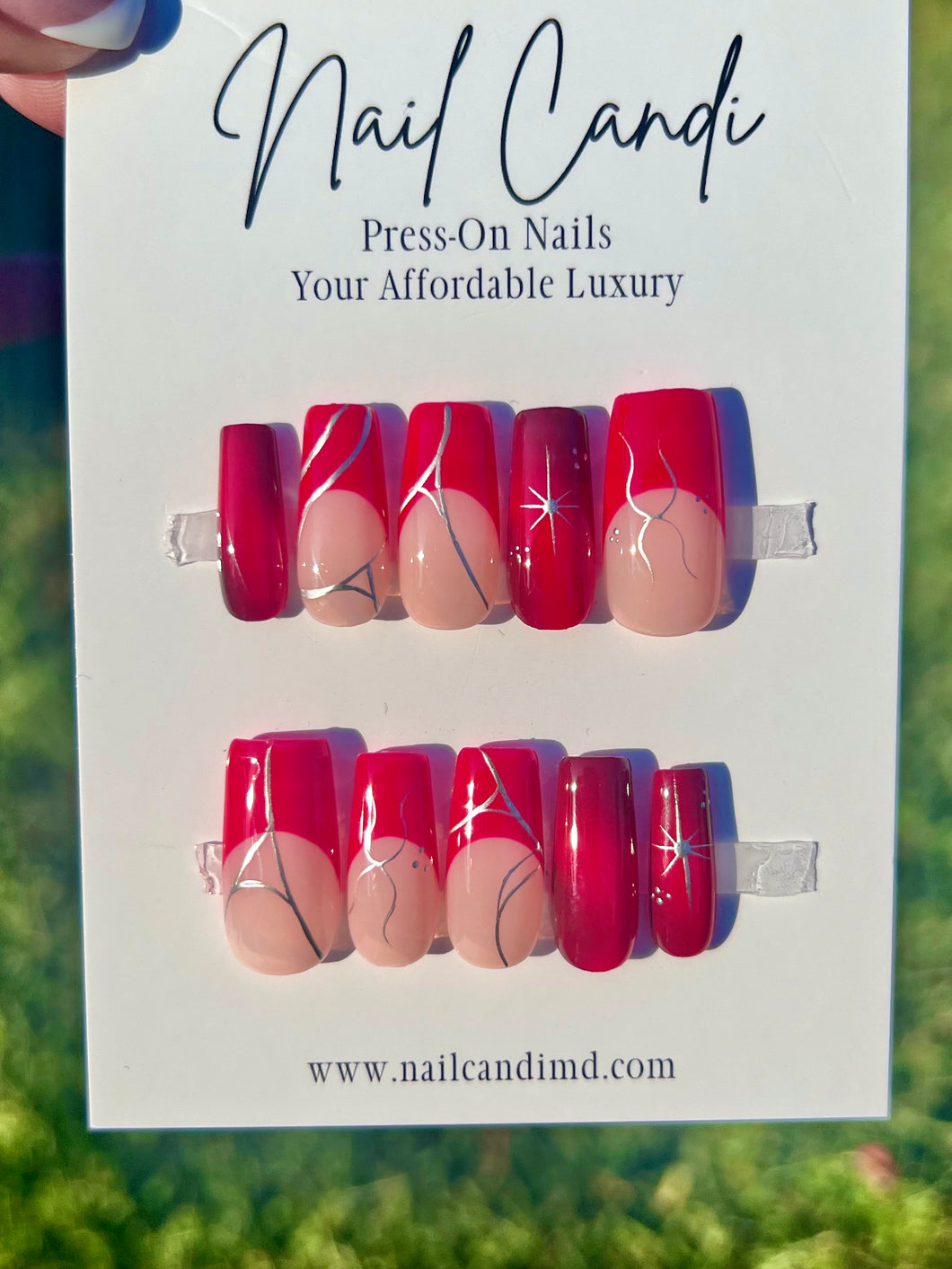 Handmade Square Red Silver French Gel Nails