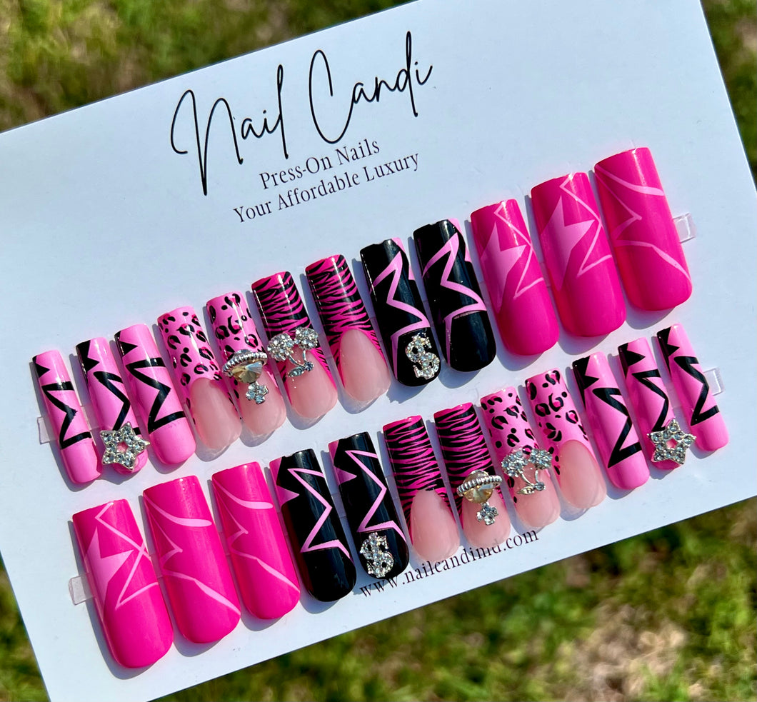 Amaya| XL Black & Pink Party Nails