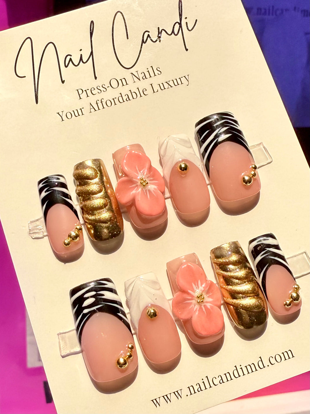 Handmade Medium Gold Chrome 3D Flower Nails