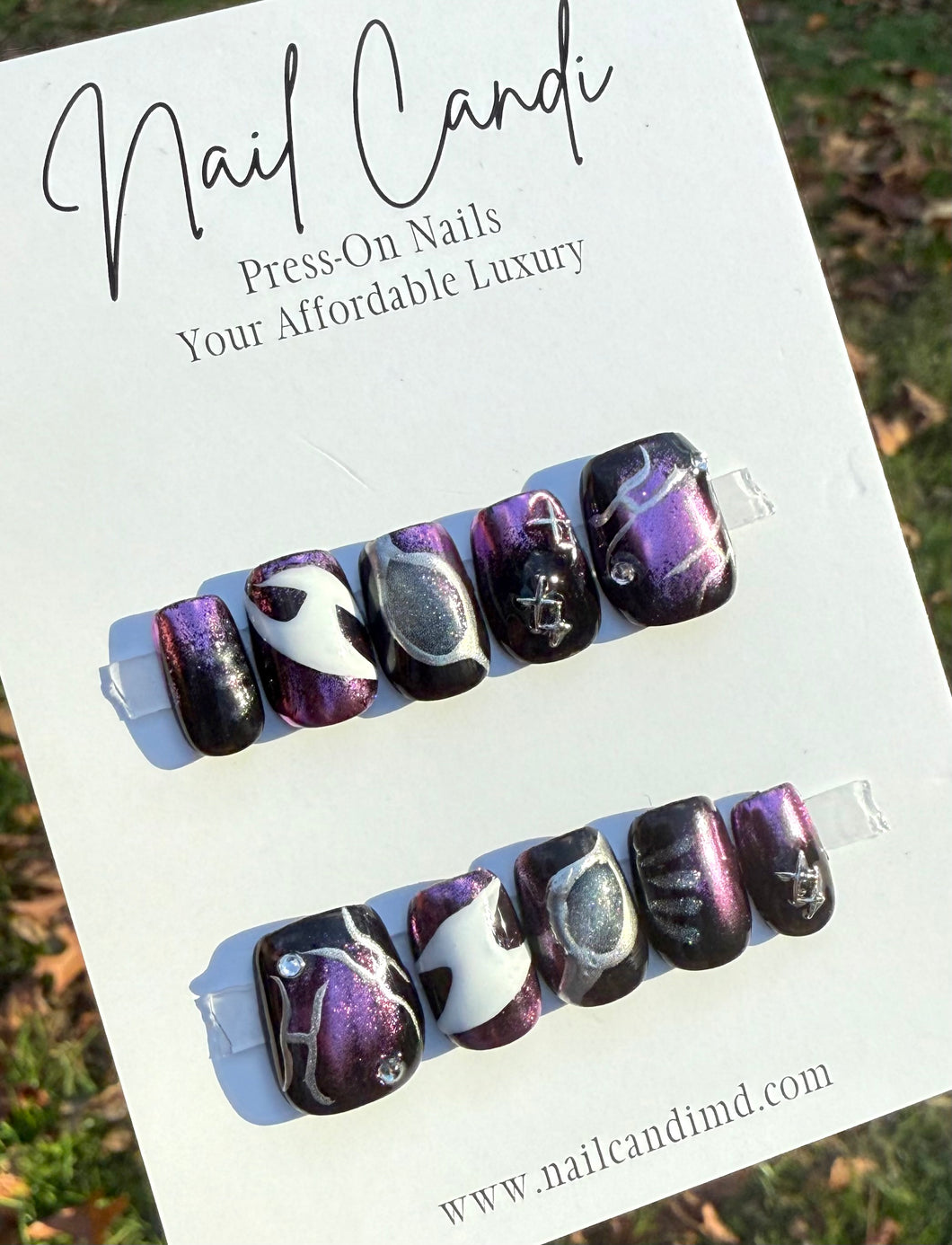 Handmade Short Square Metallic Purple Cateye Nails