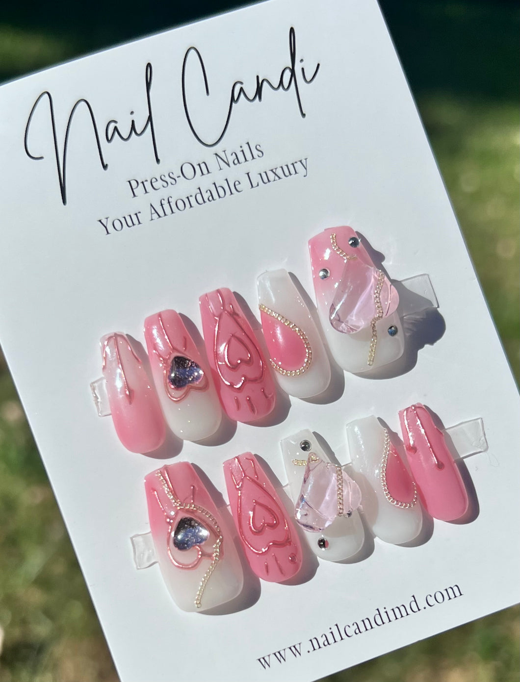 Handmade Pink Crystal Heart Nails